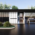 Modern Entrance Gate With Perforated Screens White Walls And Green Plants By Water Surface