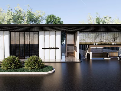 Modern Entrance Gate With Perforated Screens White Walls And Green Plants By Water Surface 3d model