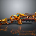 Golden Orange Fantasy Weapon With Intricate Spikes Tooth Like Structures Blue Glowing Accents