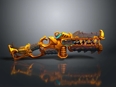 Golden Orange Fantasy Weapon With Intricate Spikes Tooth Like Structures Blue Glowing Accents 3d model