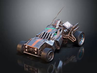 Modified Off Road Car With Large Tires Orange Stripe Exposed Engine And Roof Antenna 3d model