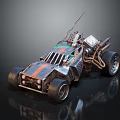Modified Off Road Car With Large Tires Orange Stripe Exposed Engine And Roof Antenna