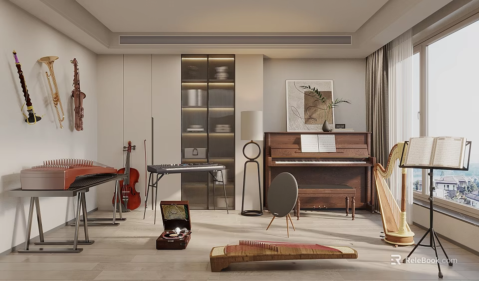 Musical Instruments and Art Supplies with Violin Cello Piano Harp Easel Drawing Board in Studio 3d model 