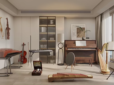 Musical Instruments and Art Supplies with Violin Cello Piano Harp Easel Drawing Board in Studio 3d model