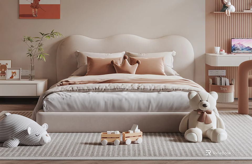 Upholstered Beige Children's Bed With Crown Shaped Pillows Teddy Bear And Wooden Toys On Rug 3d model 