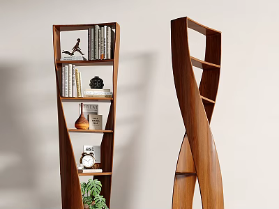 Modern Wooden Bookcase With Curved Design And Decorative Items Books Clock Vase 3d model