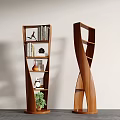 Modern Wooden Bookcase With Curved Design And Decorative Items Books Clock Vase