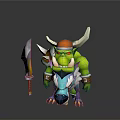 Horned Green Skinned Warrior With Orange Helmet And Large Sword Standing By Blue Creature Companion