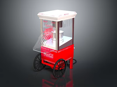 Coca Cola Red Popcorn Cart With White Top Transparent Front And Black Wheels 3d model