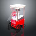 Coca Cola Red Popcorn Cart With White Top Transparent Front And Black Wheels