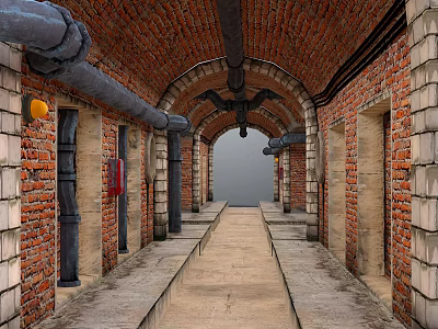 Industrial Elevator Aisle With Red Brick Walls Arched Ceiling Metal Pipes And Stone Floor 3d model