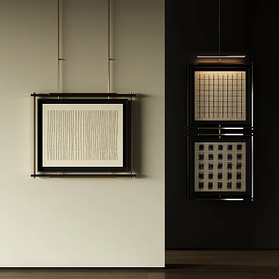Framed Decorative Wall Artworks With Vertical Lines And Grid Patterns Hanging On Light And Dark Walls 3d model