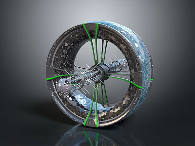 Futuristic Circular Mechanical Structure 3D Model With Green Support Beams And Metallic Components 3d model