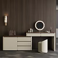 Modern Dressing Table With Dark Brown Wooden Top Beige Drawers Round Mirror And Beige Stool