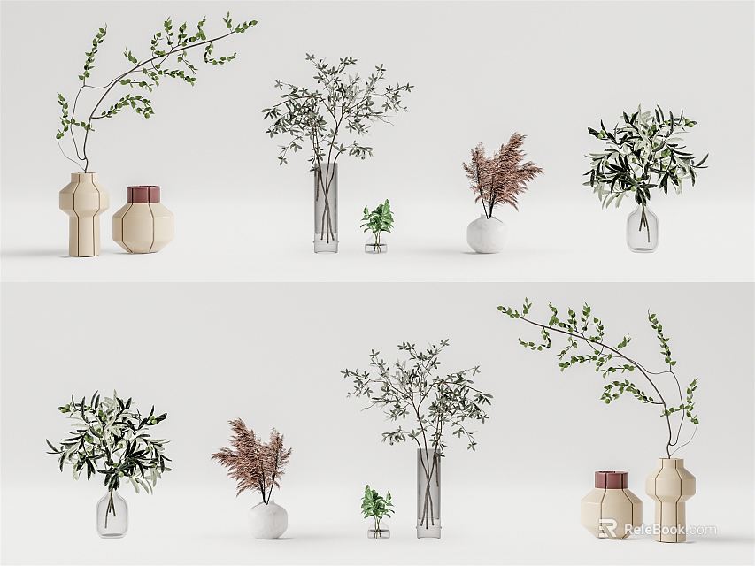 Elegant Flower Vases With Olive Branches Ferns And Greenery In Glass Ceramic 3d model 