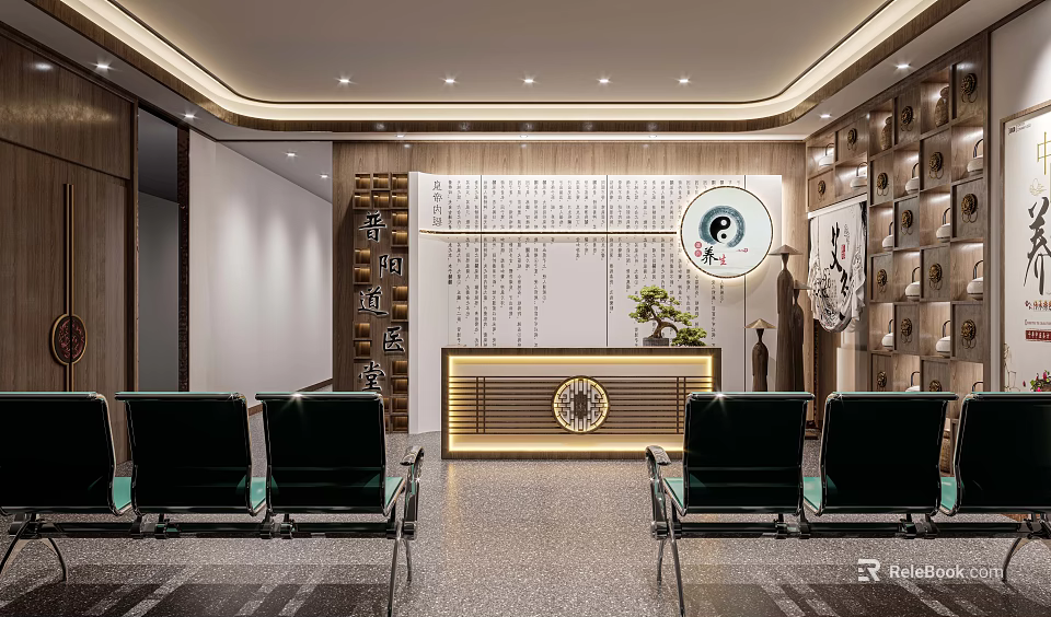 Chinese Style Specialty Store Interior With Wooden Reception Desk And Calligraphy Elements 3d model 