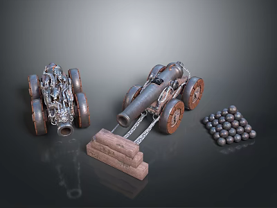 Historical Military Cannons With Wooden Wheels Iron Balls And Stone Base 3d model