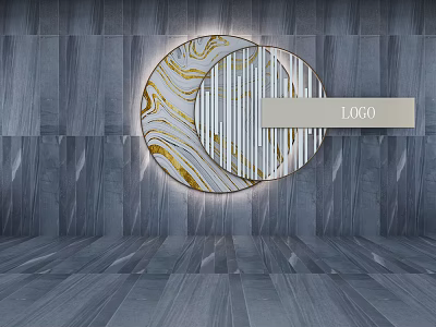 Gray Textured Wall With Gold White Marble Half Circle Vertical Striped Decor And LOGO Sign 3d model