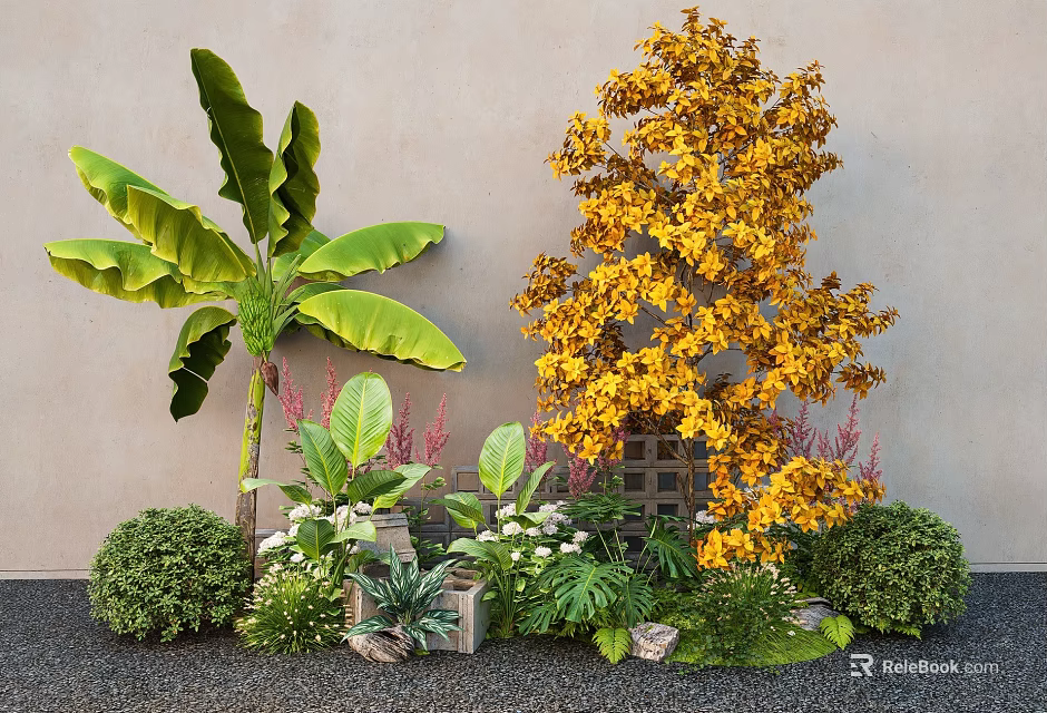 Diverse Garden Plants With Large Leafy Greenery Yellow Flowering Tree Small Shrubs And Mixed Flowers 3d model 
