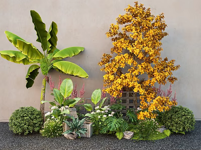 Diverse Garden Plants With Large Leafy Greenery Yellow Flowering Tree Small Shrubs And Mixed Flowers 3d model