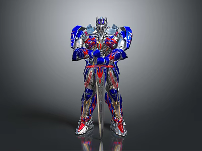 Sci Fi Robot Character With Detailed Mechanical Design Blue Red Silver Armor Holding Sword 3d model