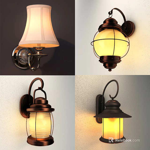 Elegant Vintage And Modern Wall Lamps With Fabric Glass Shades And Metal Frames 3d model 