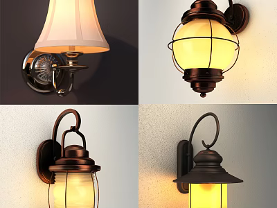 Elegant Vintage And Modern Wall Lamps With Fabric Glass Shades And Metal Frames 3d model