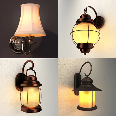 Elegant Vintage And Modern Wall Lamps With Fabric Glass Shades And Metal Frames 3d model