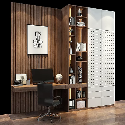 Wooden Desk Setup With Computer Monitor Globe Bookshelf Decorative Vases And White Perforated Cabinet 3d model