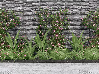 Green Plant Wall Featuring Gray Stone Wall Background Green Plants Pink Flowers and Leafy Plants 3d model