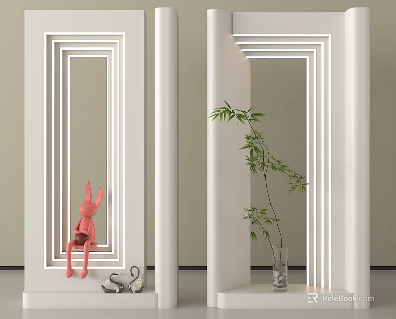 Modern White Room Dividers With Striped Lines Pink Rabbit Green Plant And Glass Vase 3d model 