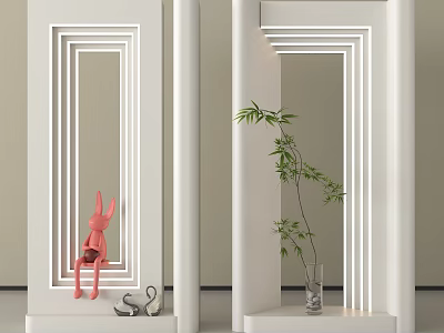 Modern White Room Dividers With Striped Lines Pink Rabbit Green Plant And Glass Vase 3d model