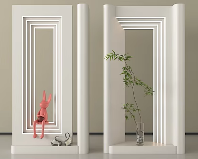 Modern White Room Dividers With Striped Lines Pink Rabbit Green Plant And Glass Vase 3d model
