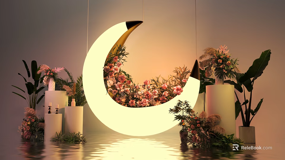Crescent Light Installation With Pink Red Flowers Green Plants White Cylindrical Bases And Water Reflection 3d model 