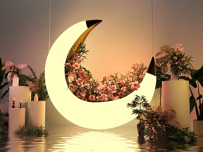 Crescent Light Installation With Pink Red Flowers Green Plants White Cylindrical Bases And Water Reflection 3d model