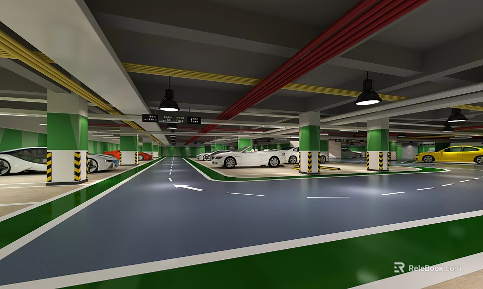 Modern Indoor Parking Garage With Parked Cars Green White Columns And Ceiling Pipes 3d model 