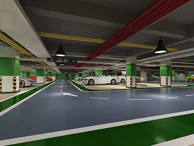 Modern Indoor Parking Garage With Parked Cars Green White Columns And Ceiling Pipes 3d model