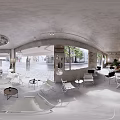 Modern Shop Front Desk With Coffee Machine Bar Counter White Chairs Green Plants And Round Light