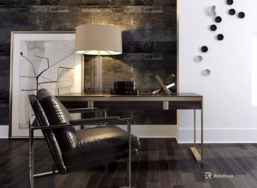 Modern Desk Interior With Black Leather Chair Table Lamp Brick Wall And Circular Decor 3d model 