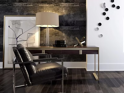 Modern Desk Interior With Black Leather Chair Table Lamp Brick Wall And Circular Decor 3d model