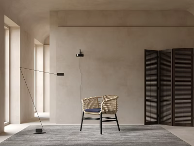 Minimalist Woven Leisure Chair With Beige Wall Floor Lamp Wooden Shutters And Gray Rug 3d model