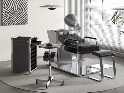 Modern Hair Salon Interior Design With Barber Chair Hairdresser Lamp And Tool Cabinet 3d model