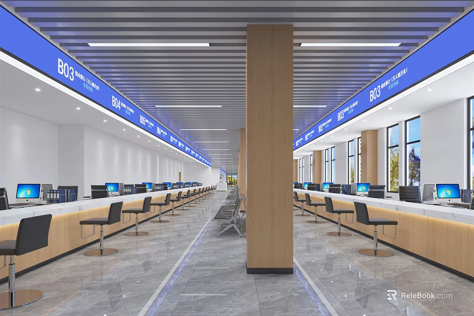 Bright Modern Spacious Service Hall With Service Counters Blue Signage Computers And Waiting Chairs 3d model 