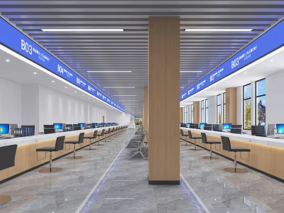 Bright Modern Spacious Service Hall With Service Counters Blue Signage Computers And Waiting Chairs 3d model