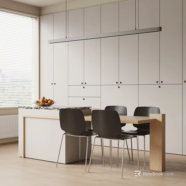Modern Dining Table Set With Wooden Top Black Chairs And White Cabinets 3d model 