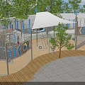 Kindergarten Outdoor Playground Featuring Slide Climbing Equipment Canopy Trees And Wooden Tiled Flooring