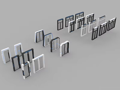 Various Style Window Frames In White Black Blue Arranged On Gray Background 3d model