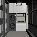 Modern Stacked Black Washing Machine in White Cabinet Laundry Area With Window City View