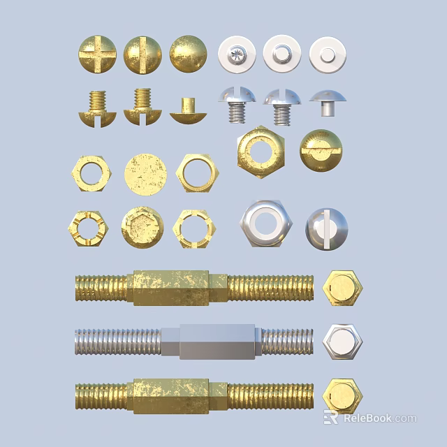 Various Golden And Silver Metal Fasteners Including Bolts Nuts Screws Washers And Spacers 3d model 