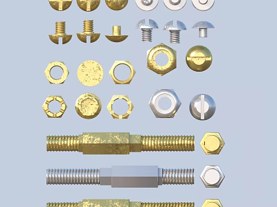 Various Golden And Silver Metal Fasteners Including Bolts Nuts Screws Washers And Spacers 3d model